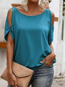 EMERY ROSE Kaos Grafis, Kaos Bahu Terbuka, Atasan Musim Panas Wanita, Ukuran Besar, Gaya Retro, Kenyamanan Sepanjang Musim untuk Pakaian Kasual Wanita & Acara Sosial - Teal Blue - View 3