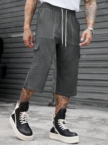 SLATEMANN Pantalones cortos cargo de estilo callejero estadounidense con pespuntes, cintura con cordón, sueltos de longitud 7/10 casual - Negro - Ver 7