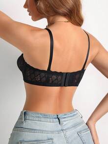1pc Sexy Lace Half Cup Padded Plunge Bra, Shoulder Cutout, Underwire, Comfortable & Versatile - Black - View 2