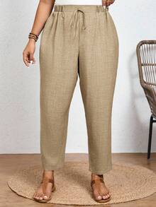 SHEIN Frenchy Pantalones casuales de unicolor de talla grande con cintura elástica y bolsillos en diagonal - Camel - Ver 3