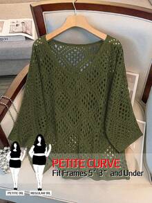 SHEIN PETITE CURVE Plus Size Women Hollow Out Sun Protection Blouse, Spring/Autumn - Dark Green - View 1
