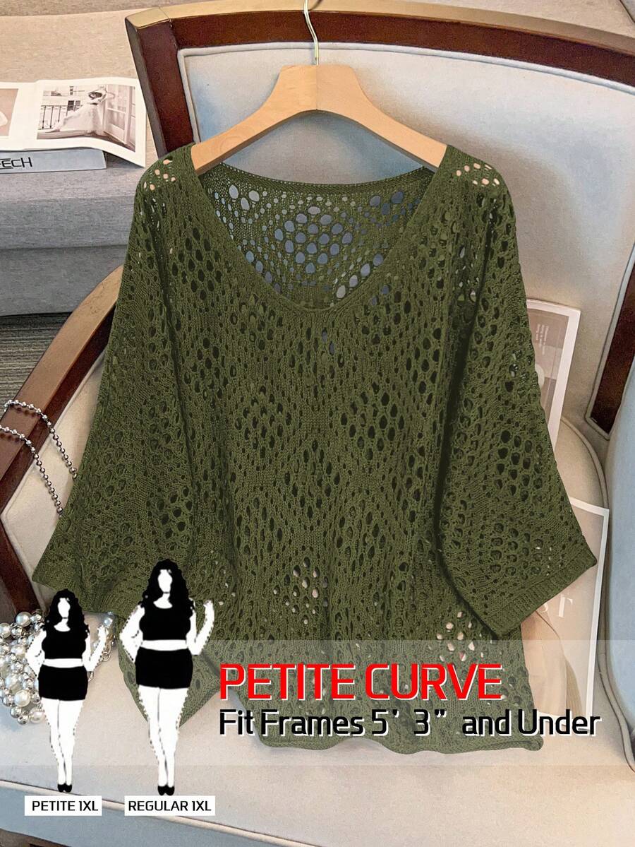 SHEIN PETITE CURVE Plus Size Women Hollow Out Sun Protection Blouse, Spring/Autumn - Dark Green - View 1