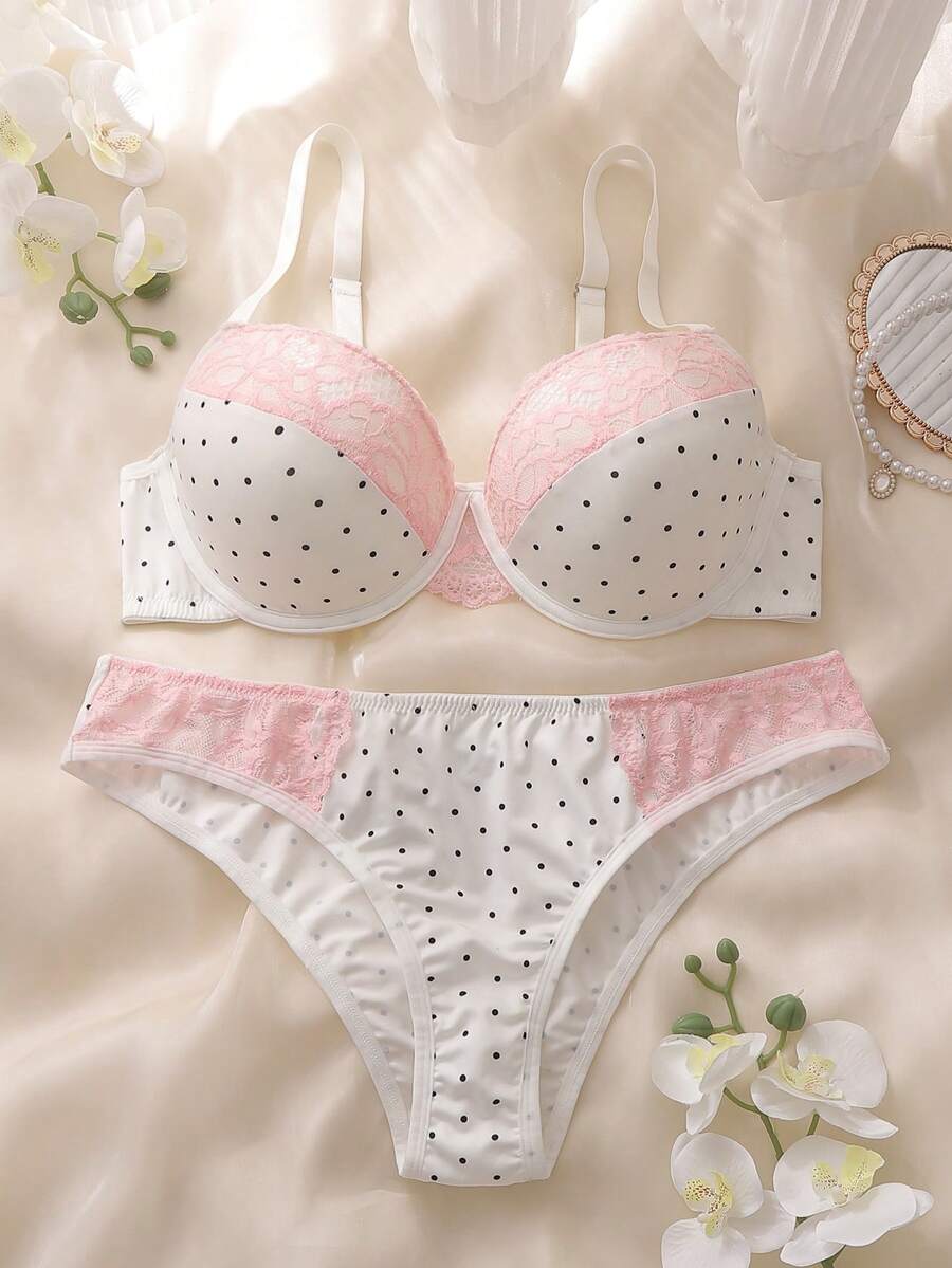 DelicateAllure Bộ 2 áo ngực ren chấm bi màu hồng, nâng đỡ tốt, có gọng và tạo độ nâng, dành cho người có thân hình đầy đặn. - Đen và trắng - Xem 1