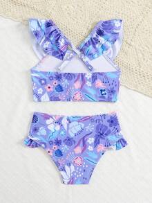Đồ bơi cho bé gái, Áo tắm tankini in họa tiết da báo có tay cho bé gái, Đồ bơi kín đáo, Kiểu dáng dễ thương - Màu tím - Xem 2