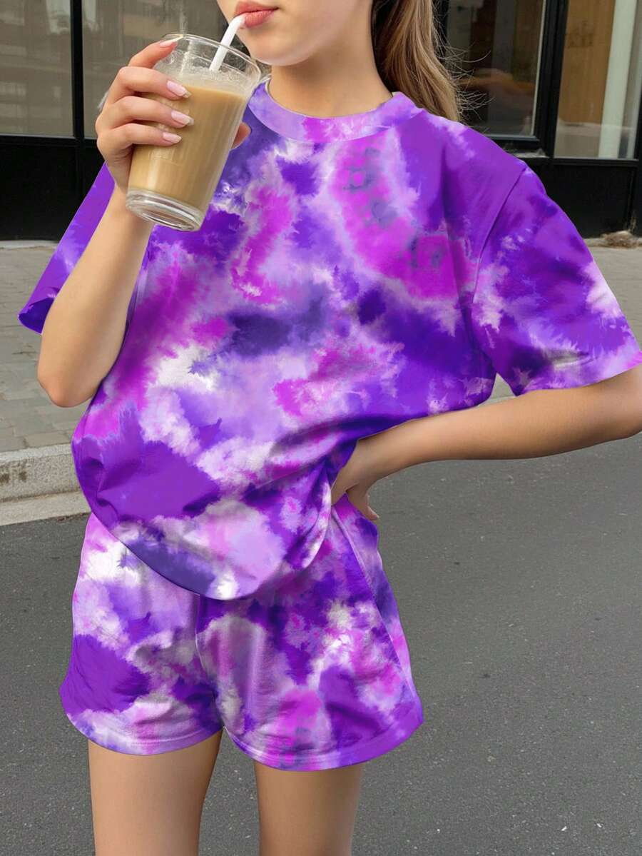 2件組 青少女紫色夏季休閒紮染印花短袖上衣與短褲套裝，鄉村風 Y2K 韓系可愛舒適度假穿搭 - 彩色 - 查看 1