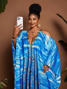 Maweii Plus-Size Women's V-Neck, Large Batwing Sleeve, Blue Floral Print, Loose-Fitting Maxi Dress With A Full Skirt; Suitable For Summer, Vacation, And Casual Wear. - Blue - View 6