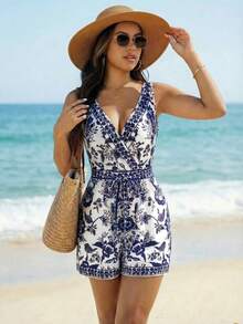 Swim Lushoire 16SS 女士春夏沙滩装，女士印花V领系腰无袖连体裤罩衫，2026新款女士泳装到货，适合海滩度假、学校、假日、约会、下午茶、西式、邮轮、海滩、海岛、公路旅行、四季皆宜、音乐节、波西米亚风度假、休闲春夏、西部波西米亚风、优雅女士泳衣，活泼假日彩色印花泳衣。游艇装束女士裹身连衣裙女士动物园装束女士 - 彩色 - 查看 5