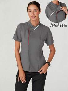 TaskEZ Women's Summer Contrast Piping Patch Pocket Short Sleeve Work Uniform - Grey - View 7