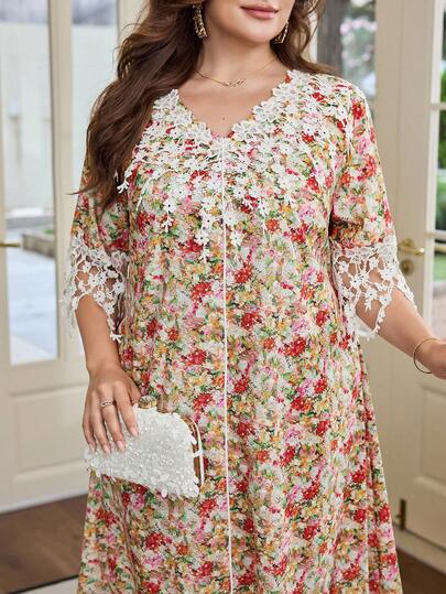 Al Najma Plus Size Women's Loose Arabic Style Dress, Collar And Cuff Floral Lace Patchwork, Cotton Fabric, Suitable For Summer Daily Wear