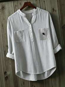 INAWLY Camisa blanca a rayas con cuello bordado, blusa suelta y casual de manga 3/4 con textura para mujeres - Gris - Ver 3