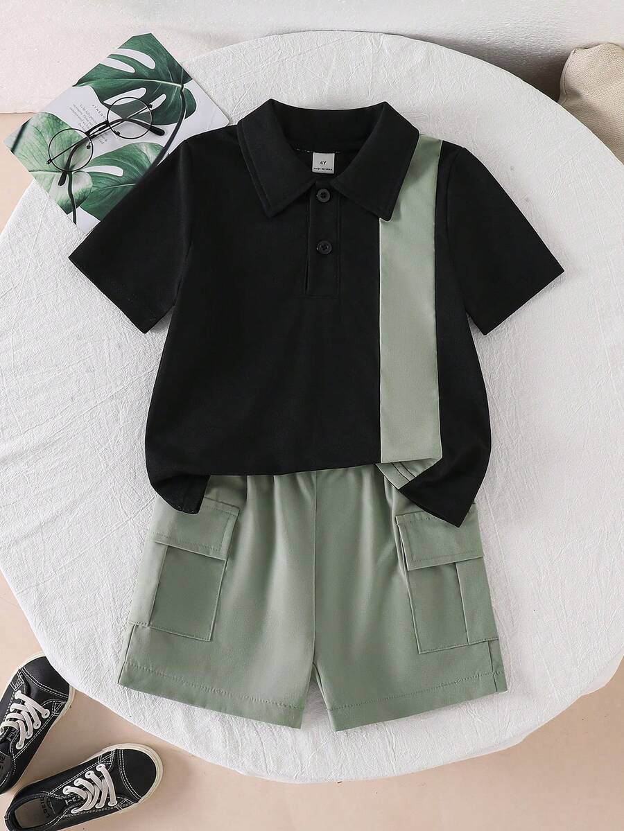 SHEIN 男童休闲撞色Polo衫短裤套装(2件套),舒适百搭,适合夏季日常穿着和外出活动。 - 黑色 - 查看 1