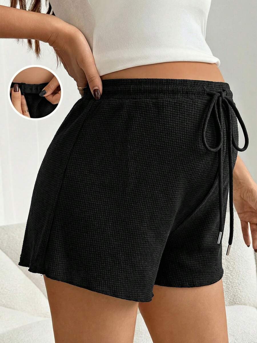 SHEIN Quần short bầu dáng rộng, đa năng, chất liệu gân sọc, có dây rút điều chỉnh eo. - màu đen - Xem 1