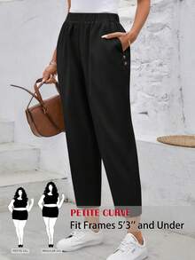 SHEIN PETITE CURVE 大码女式纯色弹力腰带口袋休闲裤 - 黑色 - 查看 1