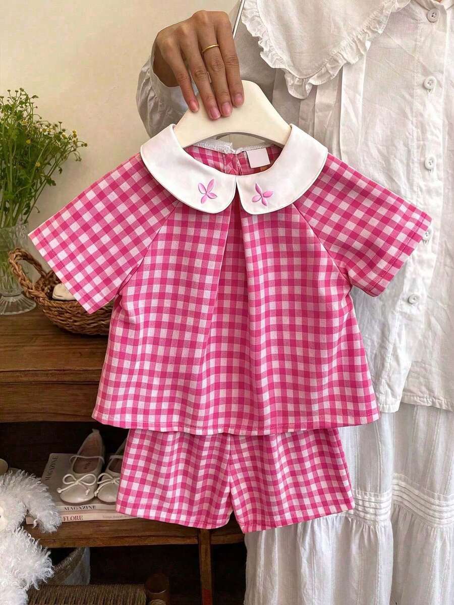 Souflis Souflis 2pcs Baby Girl Infant Toddler Newborn Spring/Summer Elegant Princess Pink Plaid Peter Pan Collar Ruffle Blouse + Shorts Set - Pink - View 1