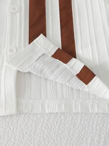 SHEIN Playful Pals 2pcs/Set Young Boy Casual Solid & Striped Short Sleeve Shirt And Pants Set, Suitable For Daily, Vacation, Sports, Summer - Brown - View 6