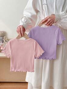 SHEIN LMoss Kids 2pcs/Set Young Girl Solid Color Round Neck Fitted Casual T-Shirts - Multicolor - View 2