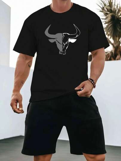 HSHCJ Nuevo conjunto deportivo casual de verano para hombre, que incluye una camiseta de cuello redondo con mangas cortas y pantalones cortos, fabricado con tejido de punto  Presenta un estampado color