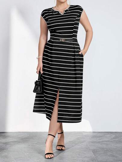 Chikora Vestido midi negro sin mangas de talla grande para el verano con bolsillos, atuendo para Año Nuevo, ropa de Año Nuevo para mujeres, vestido de graduación, vestido de graduación largo, vestido negro, ropa de oficina de moda