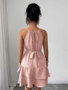 2026 Flora Isola Vestido mini ajustado y acampanado sin mangas con lazo elegante y cuentas para mujer, color caqui, primavera/verano - Rosa Pálido - Ver 2