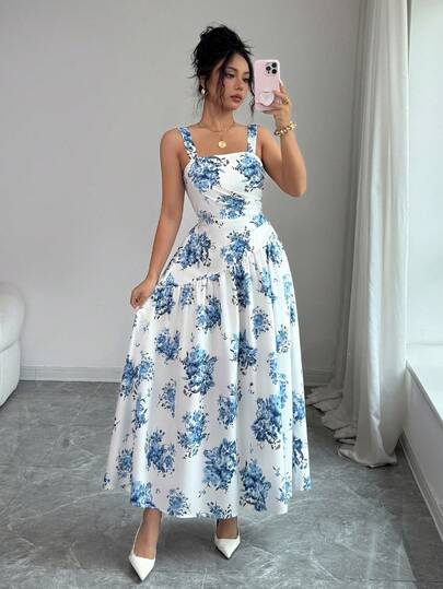 Elenzga Women's Summer Sleeveless Printed Pleated Design Floral Print Dress, Suitable For Daily, Vacation, Date, Party And Banquet