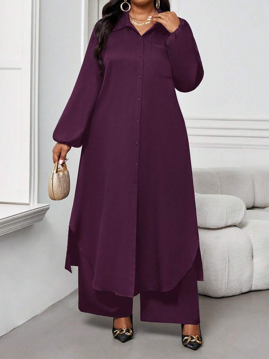 SHEIN Lady 秋冬休闲优雅工作黑色编织紫红色衬衫领主教袖口袋长袖加大码套装