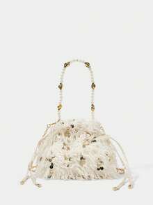 SHECARRY Bolso de mano con plumas falsas, fleece y lentejuelas con cuentas para mujer - Blanco roto - Ver 7