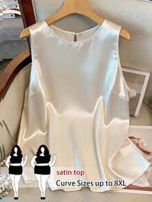 SHEIN CURVE+ Áo hai dây cổ tròn thanh lịch bán chạy nhất dành cho nữ cỡ lớn, thiết kế vải satin bóng, kiểu dáng ôm sát tôn dáng, phù hợp cho đi làm hàng ngày, các dịp trang trọng và hoạt động ngoài trời. - Màu be - Xem 1