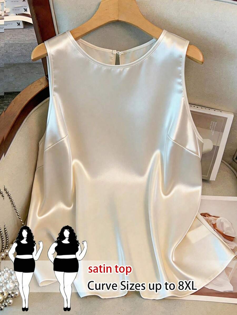 SHEIN CURVE+ Áo hai dây cổ tròn thanh lịch bán chạy nhất dành cho nữ cỡ lớn, thiết kế vải satin bóng, kiểu dáng ôm sát tôn dáng, phù hợp cho đi làm hàng ngày, các dịp trang trọng và hoạt động ngoài trời. - Màu be - Xem 1