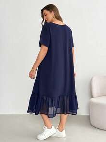 Shapeblank Plus-Size Women's Spring/Summer Fashion Casual Loose Comfortable Everyday Basic Versatile Slimming Black Short-Sleeved Chiffon Patchwork Mid-Length Dress,Summer Outfits,Pocket Dress,Simple Style - Navy Blue - View 2
