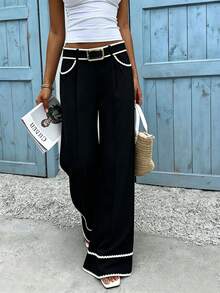 SHEIN Holidaya Quần màu be với viền lượn sóng màu đen, quần ống rộng cạp cao kiểu vintage dành cho người đi làm, trang phục đa năng mặc hàng ngày. - màu đen - Xem 3