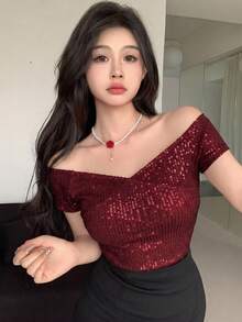 DAZY 女款休閒優雅亮片拼接露肩短袖T恤，適合日常穿著、派對、晚宴，酒紅色夏季風格 - 酒紅色 - 查看 5