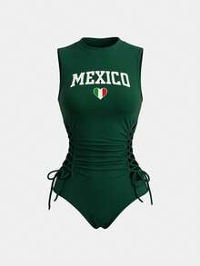 Gowayae Gowayae Mono elegante y sexy de mujer con cuello alto, lazo y sin mangas en color verde, diseño ajustado para primavera y verano, top sin mangas de cuello halter, camiseta de México, conjunto de México para mujer - Verde - Ver 4