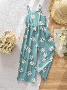 SHEIN Bộ áo liền quần ống rộng họa tiết hoa nhí mùa hè cho bé gái, có dây đeo điều chỉnh được. - màu xanh lá - Xem 1