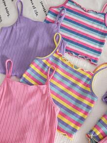SHEIN 8pcs Young Girl Knitted Solid Striped Casual Camisole And Shorts Set - Multicolor - View 5