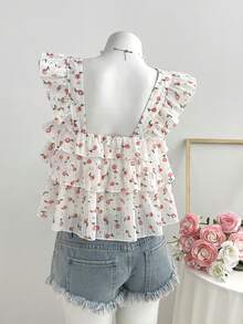 Elamini 女士甜美樱桃印花方领短袖荷叶边下摆露脐上衣，春夏款 - 彩色 - 查看 2