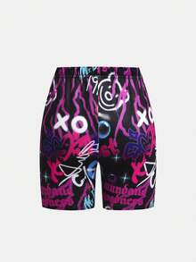 Bộ đồ thể thao 2 món cho bé gái tuổi teen, gồm áo thun rộng và quần short bó sát, kiểu nhuộm tie-dye và in họa tiết. - màu đen - Xem 6