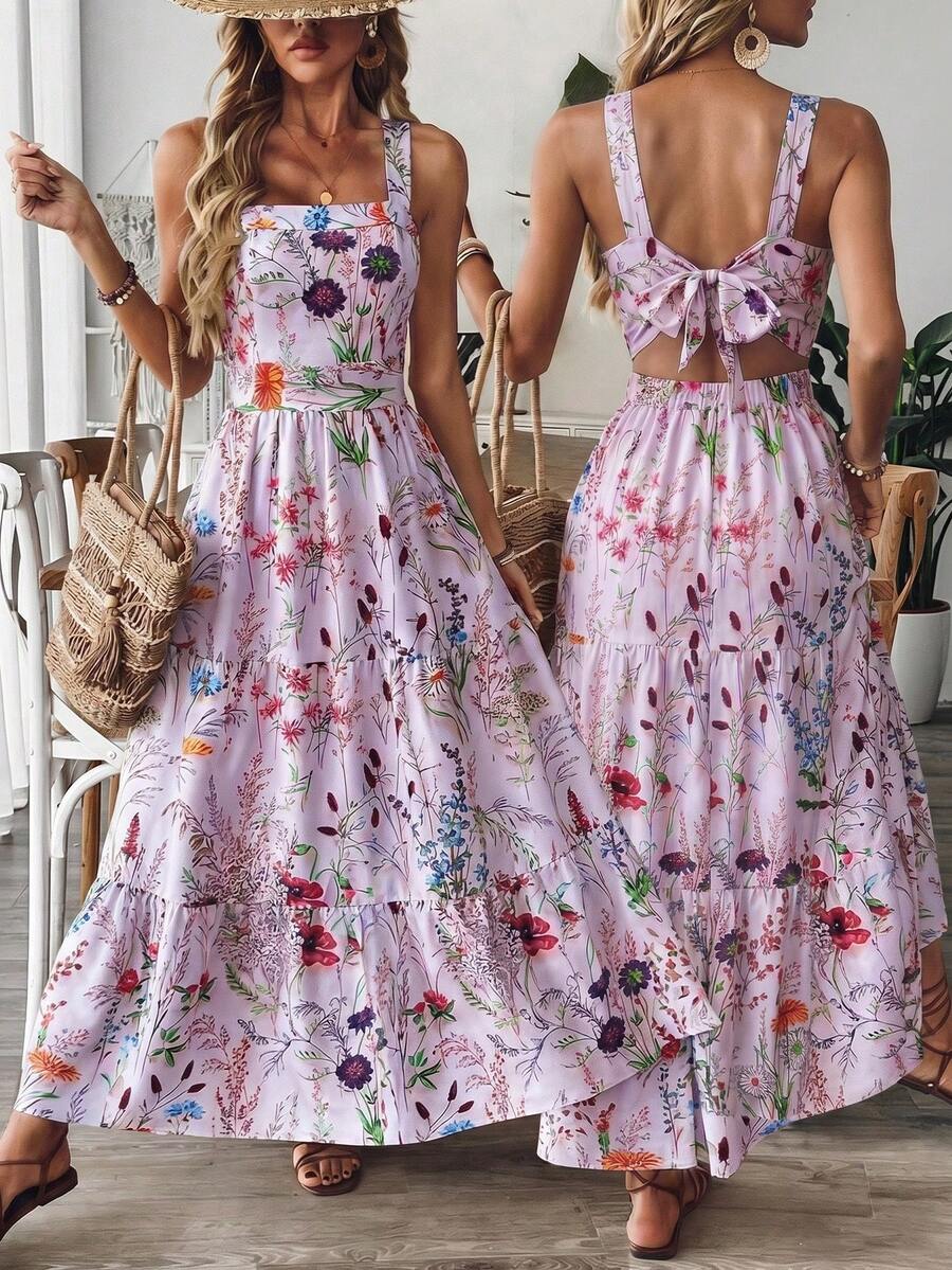 EMERY ROSE Women's Floral Print Waist-Cinched Dress With Bow Tie Back Design, Elegant For Vacation, Commute And Daily Wear - Purple - View 1