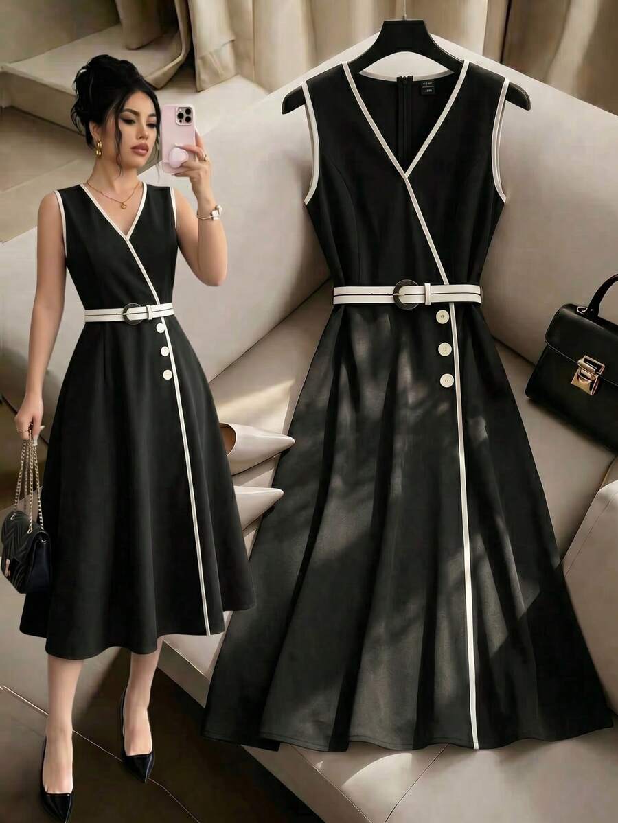 Franclia Ivory V-Neck Sleeveless Dress With Black Trim Waist. Fabric Is Draping And Crisp, Fitted Silhouette Flatters Curves. Elegant And Sophisticated, Suitable For Parties And Commuting Occasions. - Black - View 1