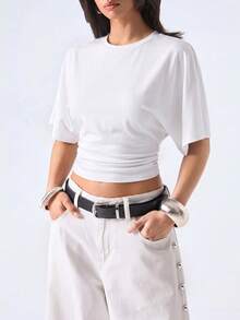 LYSMO 2026新款极简蝙蝠袖收腰T恤，女士休闲纯色夏季上衣，适合户外穿着、街头风外套、工作和社交场合，夏季衬衫 - 白色 - 查看 5