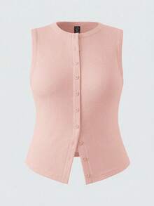 SHEIN BASICS 大码纯色针织修身背心 - 粉色 - 查看 1