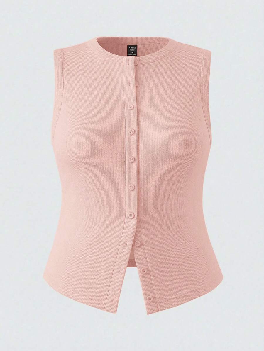 SHEIN BASICS 大码纯色针织修身背心 - 粉色 - 查看 1