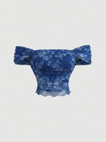 SHEIN MOD 复古绿色油画植物印花网纱两件套，露肩、美人鱼式、不对称下摆设计——完美适用于度假、约会、野餐、派对、舞会和节日庆典 - 藍色 - 查看 4