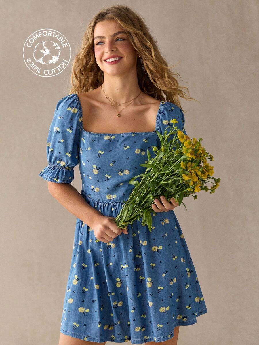 Women's Puff Sleeve Flower Country A-Line Square Neck Mini Dress - Light Wash - View 1