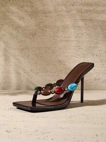 SHUZIA Women's Minimalist Square Toe Gemstone Decor Thong Strap Stiletto Heel Sandals - Coffee Brown - View 1