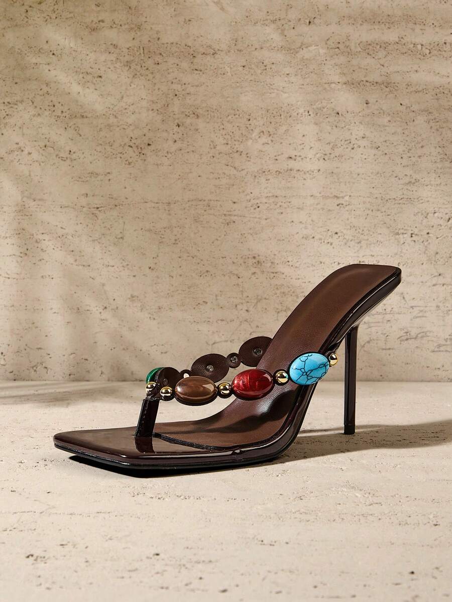 SHUZIA Women's Minimalist Square Toe Gemstone Decor Thong Strap Stiletto Heel Sandals - Coffee Brown - View 1