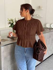 Firerie Plus Size Women's Solid Color Short Sleeve Pleated Single-Breasted Casual Shirt - Coffee Brown - View 7