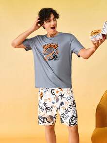 Notgurli Men's Summer Printed Round Neck Short Sleeve Shorts Casual Comfortable Pajama Set Home Orange White - Multicolor - View 7