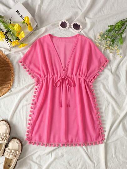 SHEIN Young Girl Woven Loose-Fit Fringed Casual Cover Up