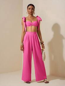 Zivah Bộ đồ đi biển mùa xuân hè mới, kiểu dáng thường ngày, áo crop top cổ trái tim buộc dây vai và quần ống rộng, màu mơ, chất liệu vải có họa tiết. - Màu Hồng Tươi - Xem 7