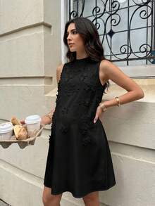 MaterniWear Pregnant Women Solid Color 3D Floral Decor Elegant Sleeveless Dress - Black - View 2